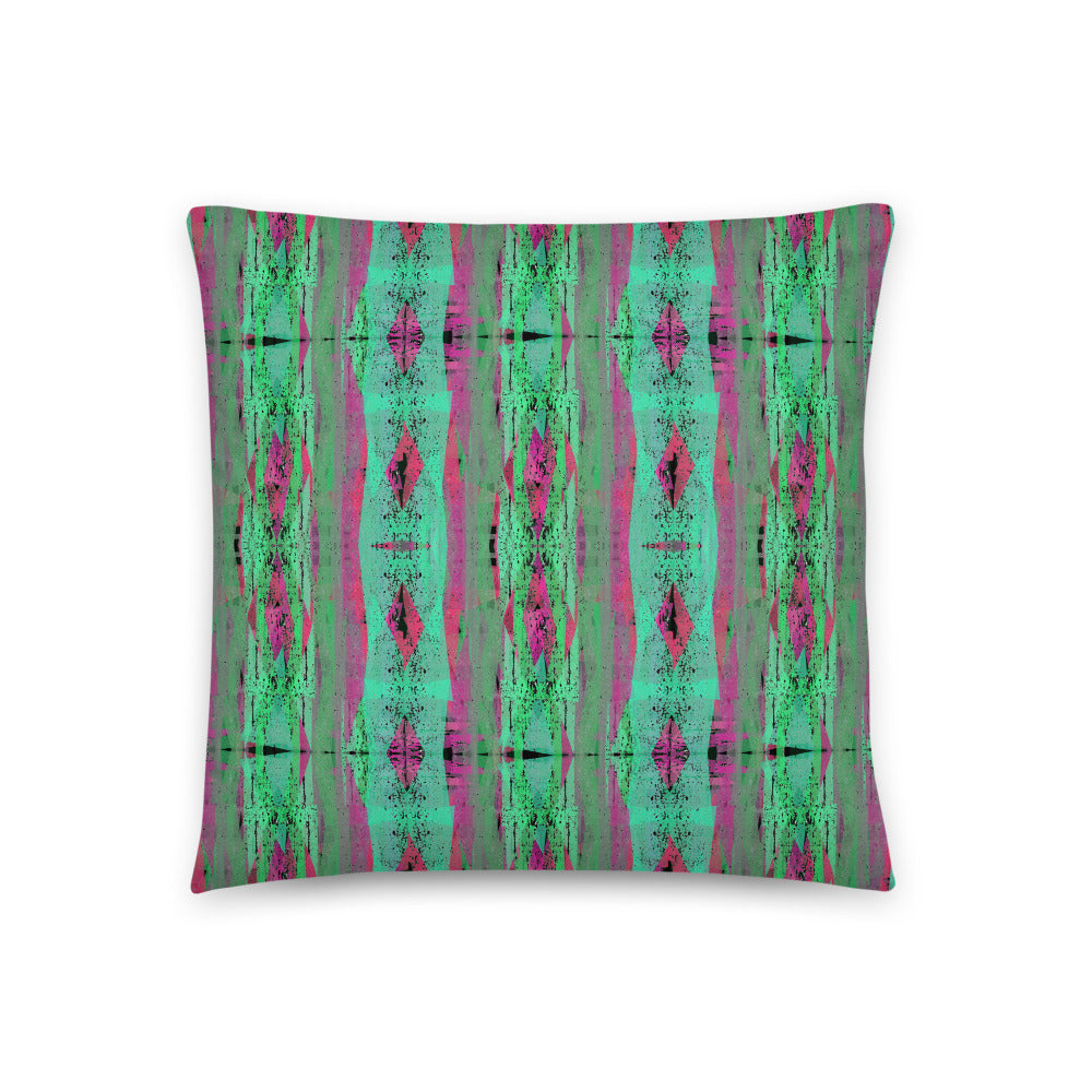 Contemporary Retro Victorian Geometric Green Sofa Cushion Throw Pillow with green, pink and purple tones and an abstract geometric pattern Billingtonpix