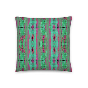 Contemporary Retro Victorian Geometric Green Sofa Cushion Throw Pillow with green, pink and purple tones and an abstract geometric pattern Billingtonpix