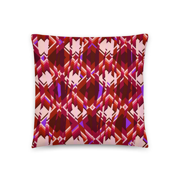  distorted minimalist red abstract geometric patterned contemporary retro style sofa cushion or couch pillow with purple tones embedded into the pattern design
