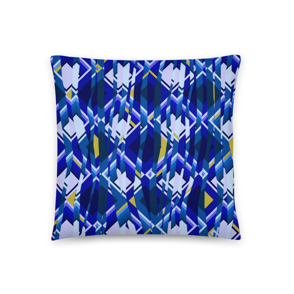 distorted minimalist blue abstract geometric patterned contemporary retro style sofa cushion or couch pillow with yellow tones embedded into the pattern design