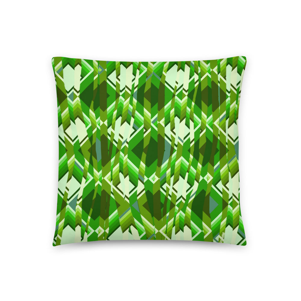 Distorted minimalist green abstract geometric patterned contemporary retro style sofa cushion or couch pillow with taupe tones
