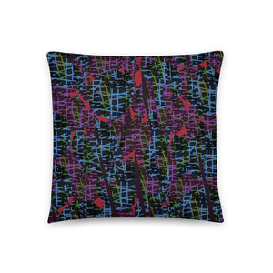 Striking geometric contemporary retro style pattern in criss-cross and circular shapes and colourful tones of blue, green, red and purple against a black background on this printed cushion throw by BillingtonPix.