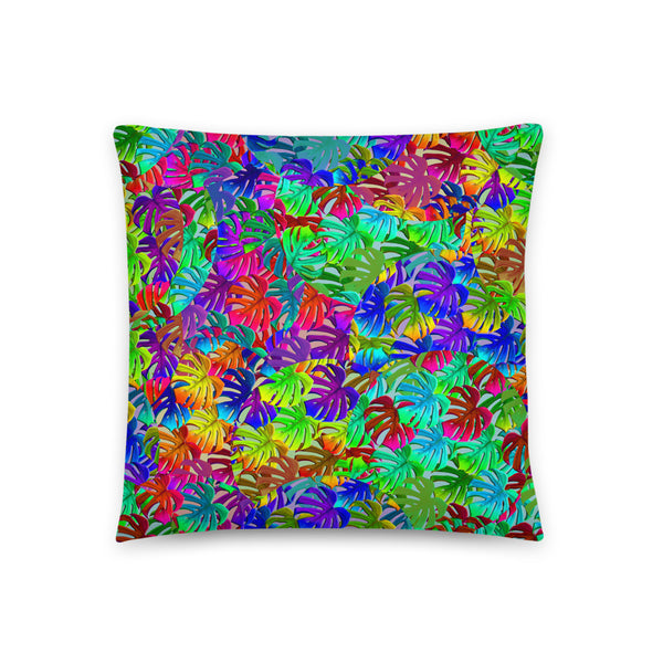 Rainbow colored pattern of circular overlays containing different tones of monstera leaves. Bright, bold and fun and teeming with 80s Memphis style influence. This couch pillow sofa cushion is perfect for adding a splash of color to your interior design project.