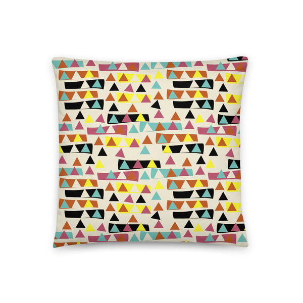 50s Mid Century Modern style patterned throw cushion in triangular and geometric shapes in retro tones of teal, orange, yellow, black and cream by BillingtonPix