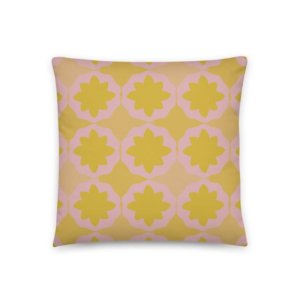This Mid-Century Modern style sofa pillow consists of colorful geometric floral shapes in tones of pink and orange in a retro aesthetic abstract pattern mid century design