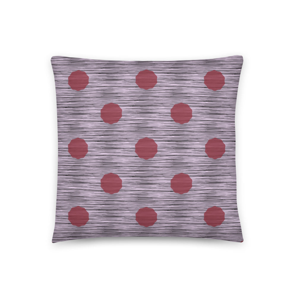 This striking Mid-Century Modern style couch pillow design consists of a series of crimson coloured irregular dot shapes against black, grey and pink crisscross design background