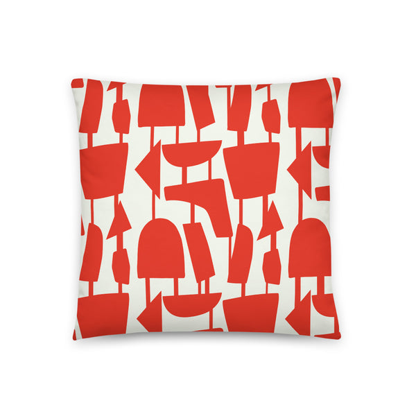 This Mid-Century Modern style scatter cushion consists of deep orange geometric shapes, connected by narrow tentacles to form and almost hanging mobile type abstract pattern on a pale cream background