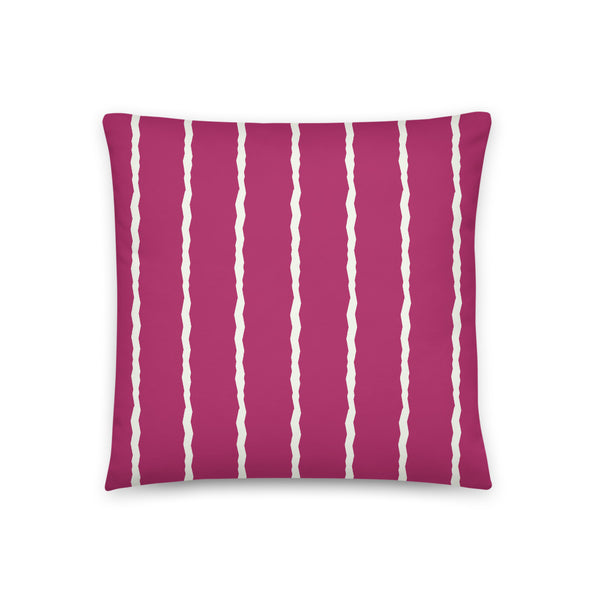 This Mid-Century Modern style scatter cushion consists of jagged vertical pale cream stripes against a magenta purple background