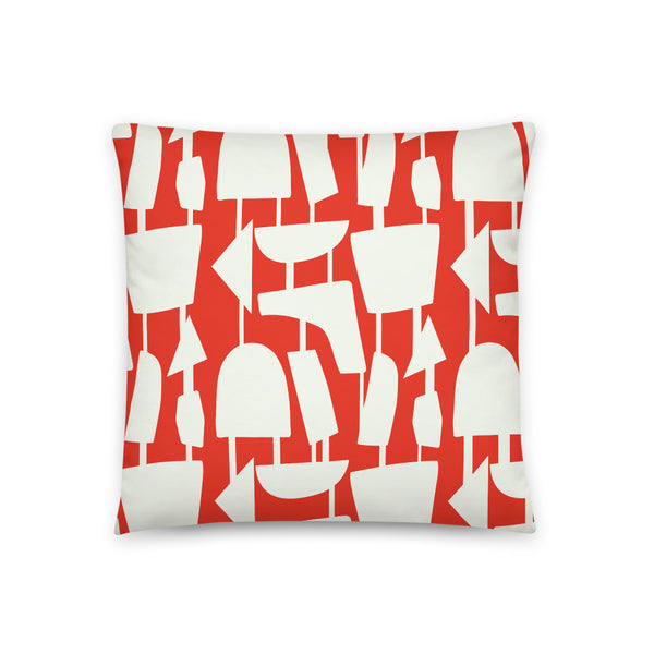 This Mid-Century Modern style scatter cushion consists of pale cream geometric shapes, connected by narrow tentacles to form and almost hanging mobile type abstract pattern on a deep orange background