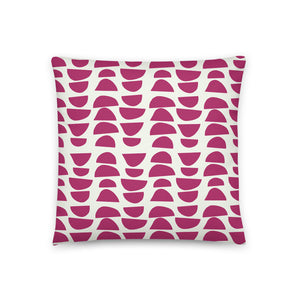 This classic patterned retro style scatter cushion design has stacked abstract shapes in a vibrant magenta purple, alternating in reverse against a gorgeous pale cream background.