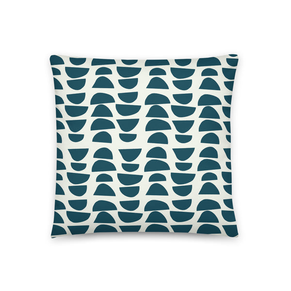 This classic patterned retro style design has stacked abstract shapes in a vibrant blue teal, alternating in reverse against a gorgeous pale cream background