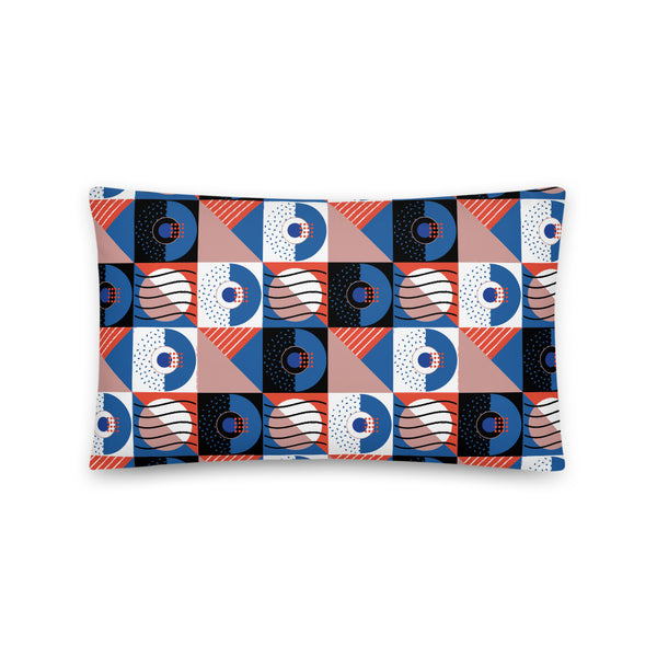 Retro 80s Memphis and Bauhaus style geometric shaped cushion in tones of blue, orange and white on this throw cushion by BillingtonPix
