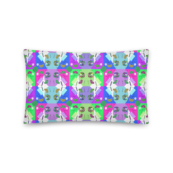Abstract Checked Candy Kaleidoscope Memphis Pattern colorful boho pillow cushion by BillingtonPix, with a beautiful checked arrangement of colorful Memphis design geometric shapes