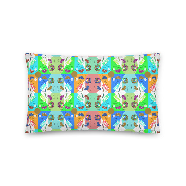 Abstract Checked Festival Kaleidoscope Memphis Pattern colorful boho pillow cushion by BillingtonPix, with a beautiful checked arrangement of colorful Memphis design geometric shapes