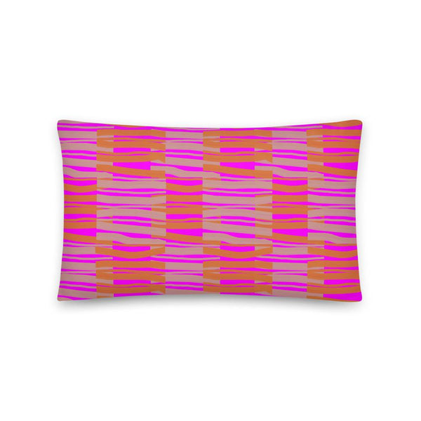 Contemporary Retro Pink Fibres Couch Pillow Throw Cushion by BillingtonPix with orange and pink abstract fibre foreground pattern and pink background