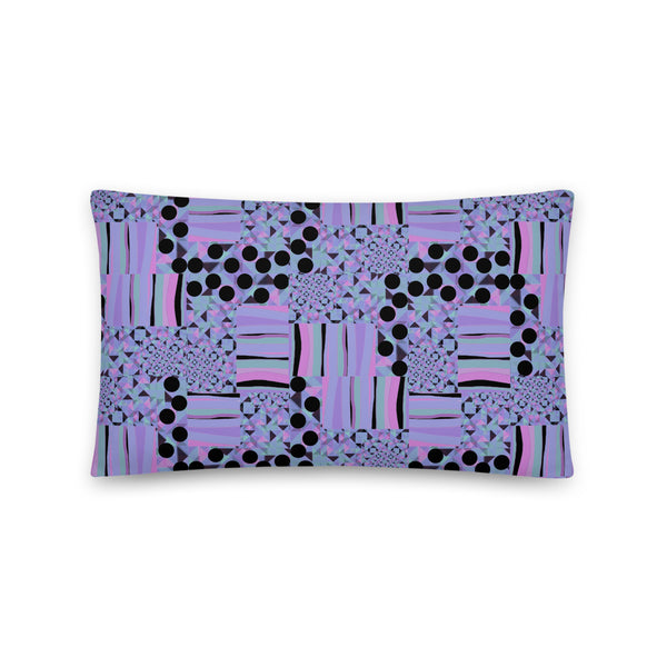 Contemporary Retro Purple Memphis Kaleidoscope Abstract Pattern throw pillow sofa cushion, with black dots, stripes and geometric shapes, by BillingtonPix