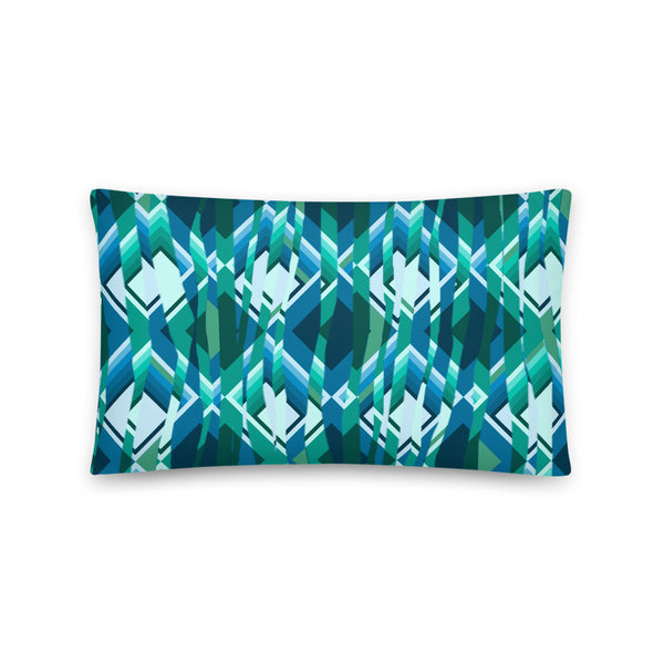 Distorted minimalist turquoise abstract geometric patterned contemporary retro style sofa cushion or couch pillow with taupe tones embedded into the pattern design