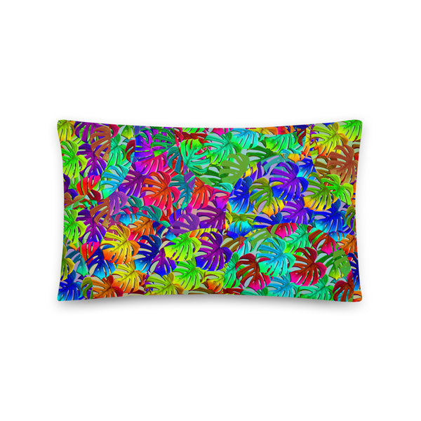 Rainbow colored pattern of circular overlays containing different tones of monstera leaves. Bright, bold and fun and teeming with 80s Memphis style influence. This couch pillow sofa cushion is perfect for adding a splash of color to your interior design project.