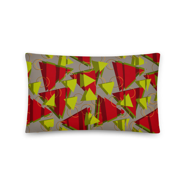80s Memphis style lime green and red triangle pattern on a soft grey background with orange rings and vertical splits cutting through to add a secondary dimension to this couch pillow cushion