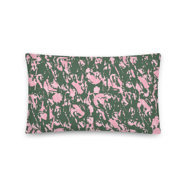 Sage green and pastel pink abstract patterned sofa cushion or couch pillow with hints of 90s Memphis style design.
