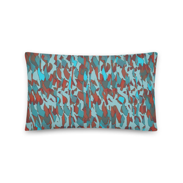 Contemporary retro abstract patterned throw cushion in tones of turquoise and burnt orange by BillingtonPix