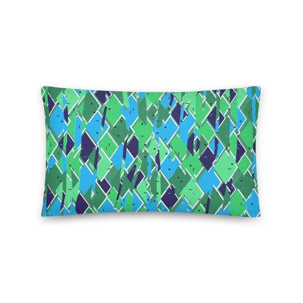 Distorted geometric style pattern in tones of turquoise blue and green on this contemporary style throw cushion by BillingtonPix