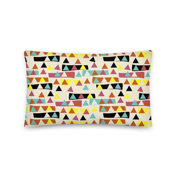 50s Mid Century Modern style patterned throw cushion in triangular and geometric shapes in retro tones of teal, orange, yellow, black and cream by BillingtonPix