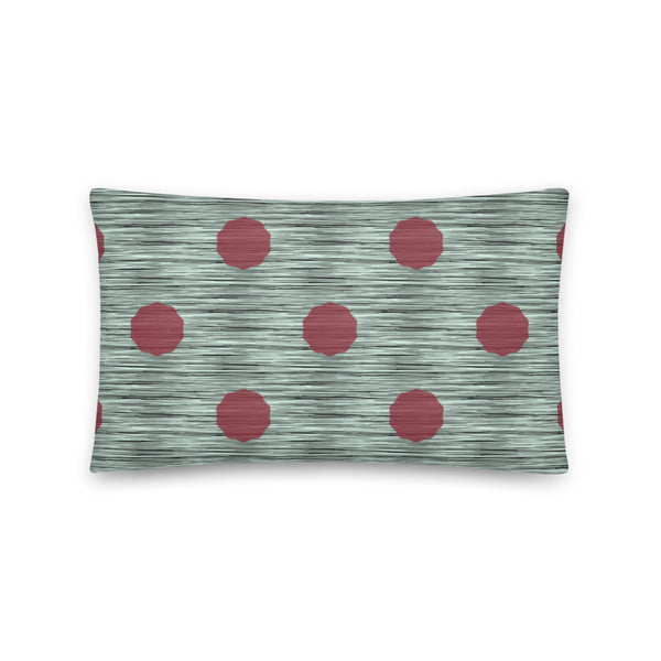 This striking Mid-Century Modern style couch pillow design consists of a series of crimson coloured irregular dot shapes against black, grey and green crisscross design background