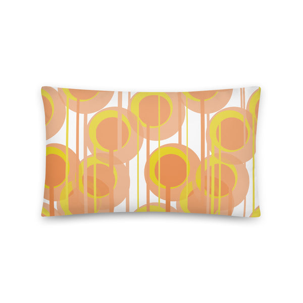 This Mid-Century Modern style sofa pillow consists of colorful geometric circular shapes in various tones of orange, connected vertically by narrow tentacles to form and almost hanging mobile type abstract circular pattern on a white background