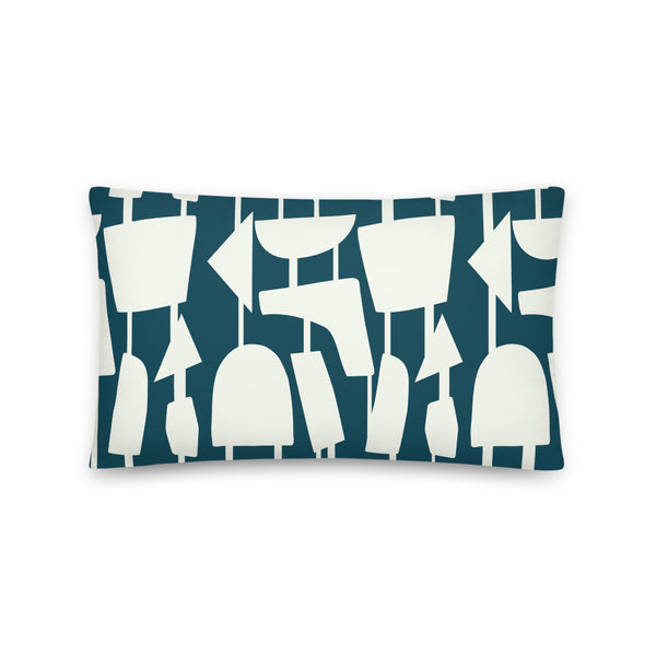 This Mid-Century Modern style scatter cushion consists of pale cream geometric shapes, connected by narrow tentacles to form and almost hanging mobile type abstract pattern on a blue teal background