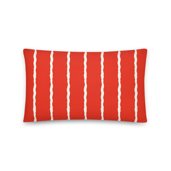 This Mid-Century Modern style scatter cushion consists of jagged vertical pale cream stripes against a deep orange background