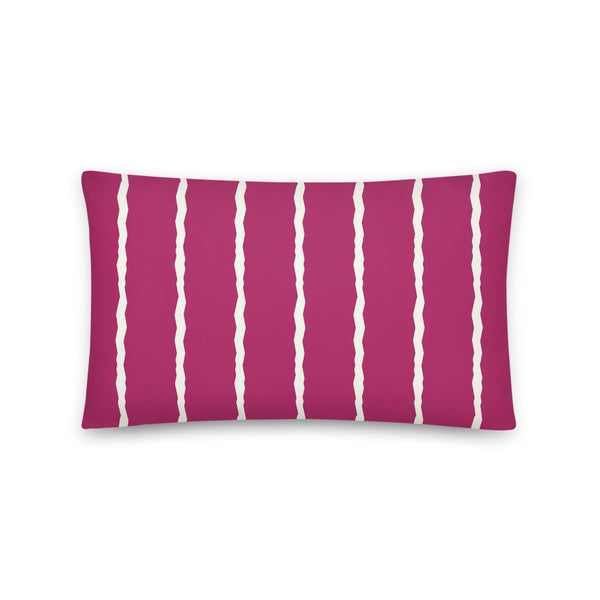 This Mid-Century Modern style scatter cushion consists of jagged vertical pale cream stripes against a magenta purple background