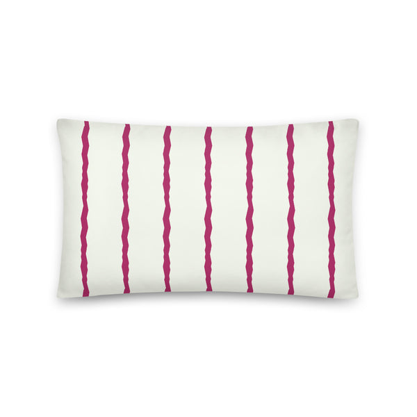 This Mid-Century Modern style scatter cushion consists of jagged vertical magenta purple stripes against a pale cream background