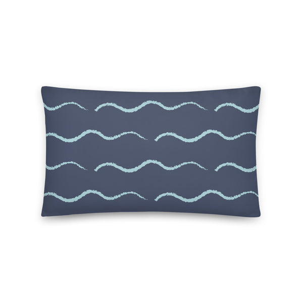 This Mid-Century Modern style couch pillow design consists of a series of horizontal seafoam blue / green wave shapes against a navy blue background