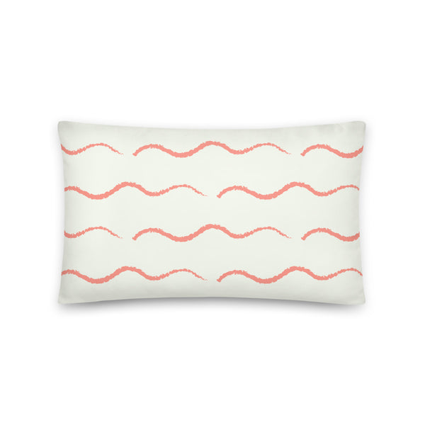 This Mid-Century Modern style couch pillow design consists of a series of horizontal salmon pink wave shapes against a pale cream background.