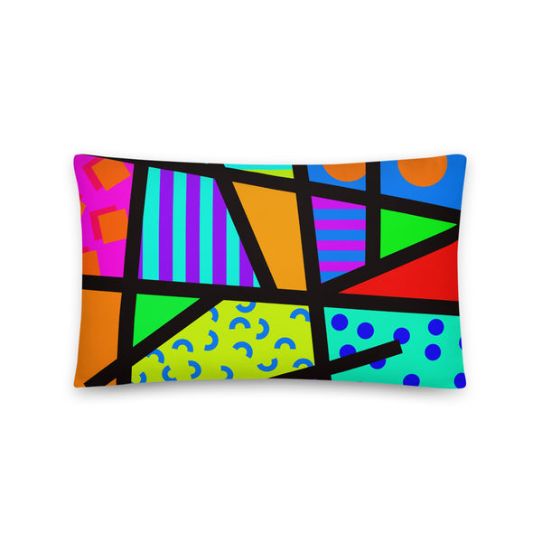 80s Memphis retro style design in tones of orange, blue, green, mint, yellow and pink on this sofa cushion throw pillow by BillingtonPix