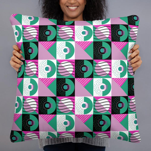 Checked Pink Memphis Style sofa cushion or throw pillow with a pink, green and black geometric pattern design