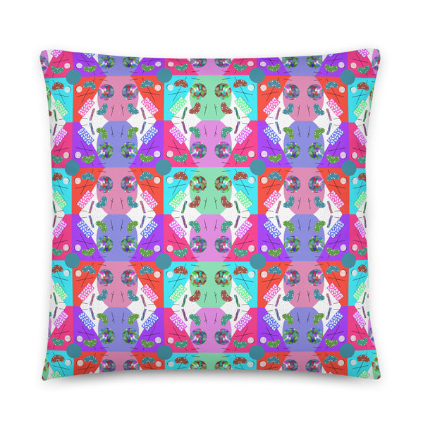 Abstract Checked Rainbow Kaleidoscope Memphis Pattern colorful boho pillow cushion by BillingtonPix, with a beautiful checked arrangement of colorful Memphis design geometric shapes