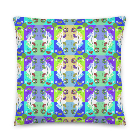Abstract Checked Minty Blue Kaleidoscope Memphis Pattern colorful boho pillow cushion by BillingtonPix, with a beautiful checked arrangement of colorful Memphis design geometric shapes