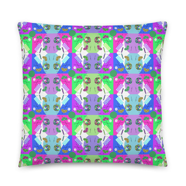 Abstract Checked Candy Kaleidoscope Memphis Pattern colorful boho pillow cushion by BillingtonPix, with a beautiful checked arrangement of colorful Memphis design geometric shapes