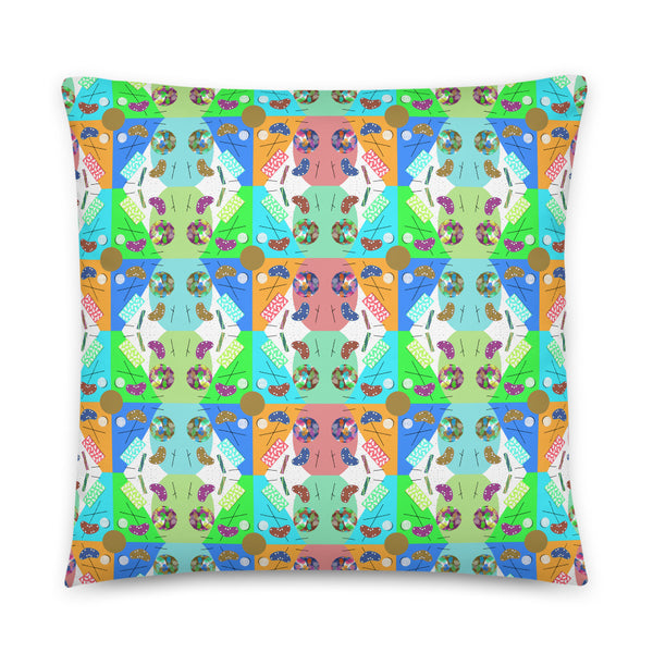 Abstract Checked Festival Kaleidoscope Memphis Pattern colorful boho pillow cushion by BillingtonPix, with a beautiful checked arrangement of colorful Memphis design geometric shapes