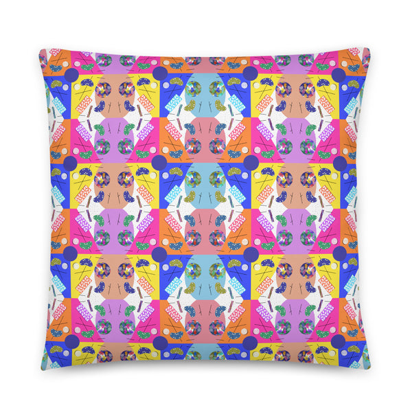 Abstract Checked Fiesta Kaleidoscope Memphis Pattern colorful boho pillow cushion by BillingtonPix, with a beautiful checked arrangement of colorful Memphis design geometric shapes