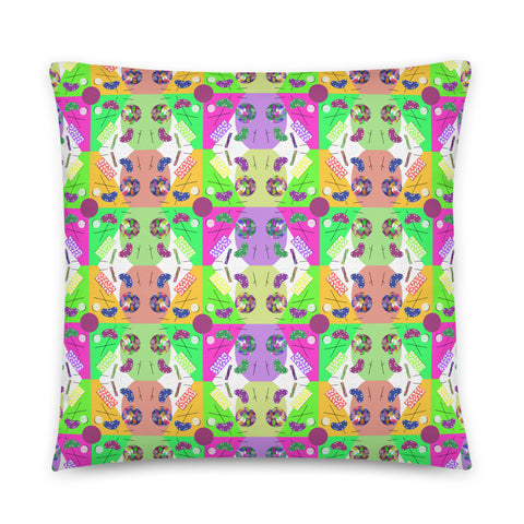 Abstract Checked Fruity Kaleidoscope Memphis Pattern colorful boho pillow cushion by BillingtonPix, with a beautiful checked arrangement of colorful Memphis design geometric shapes