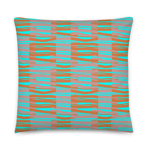 Contemporary Retro Turquoise Fibres Couch Pillow Throw Cushion by BillingtonPix with orange and pink abstract fibre foreground pattern and turquoise blue background