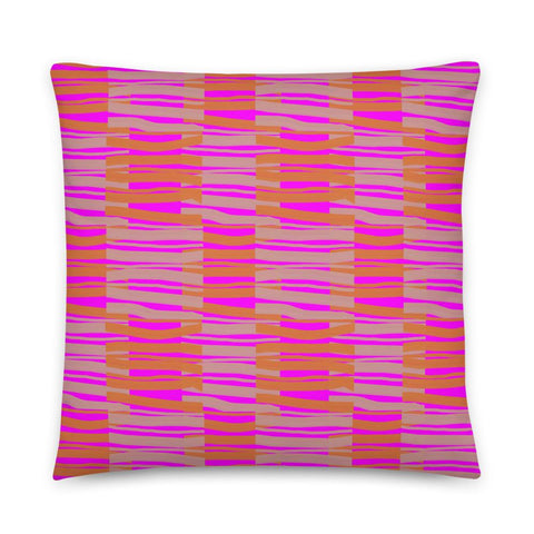 Contemporary Retro Pink Fibres Couch Pillow Throw Cushion by BillingtonPix with orange and pink abstract fibre foreground pattern and pink background