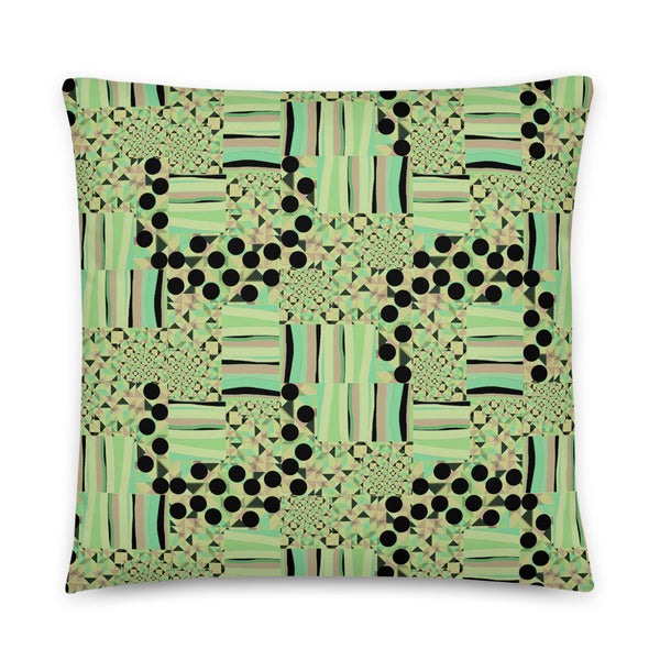Contemporary Retro Yellow Memphis Kaleidoscope Abstract Pattern throw pillow sofa cushion, with black dots, stripes and geometric shapes, by BillingtonPix
