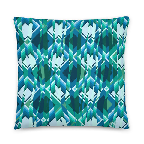 Distorted minimalist turquoise abstract geometric patterned contemporary retro style sofa cushion or couch pillow with taupe tones embedded into the pattern design