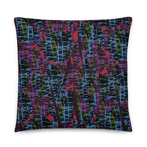 Striking geometric contemporary retro style pattern in criss-cross and circular shapes and colourful tones of blue, green, red and purple against a black background on this printed cushion throw by BillingtonPix.