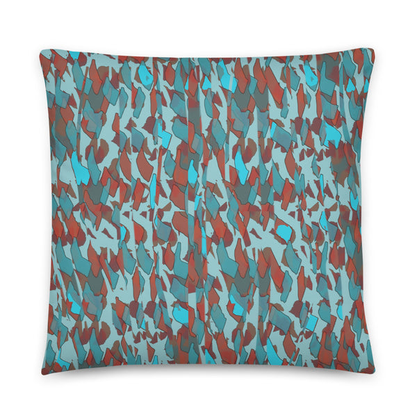 Contemporary retro abstract patterned throw cushion in tones of turquoise and burnt orange by BillingtonPix