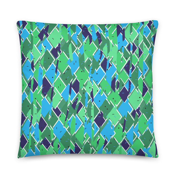 Distorted geometric style pattern in tones of turquoise blue and green on this contemporary style throw cushion by BillingtonPix